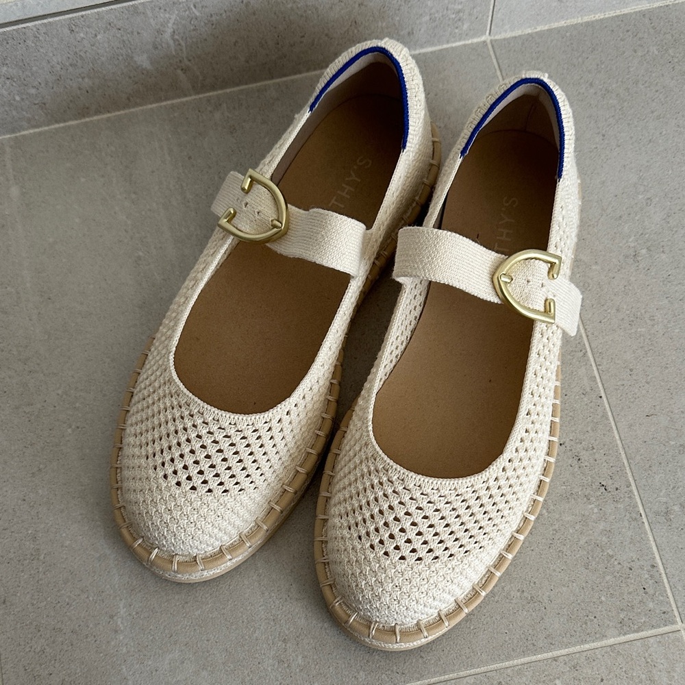 Rothy's Cream Crochet Mary Jane Espadrilles with Gold Buckle